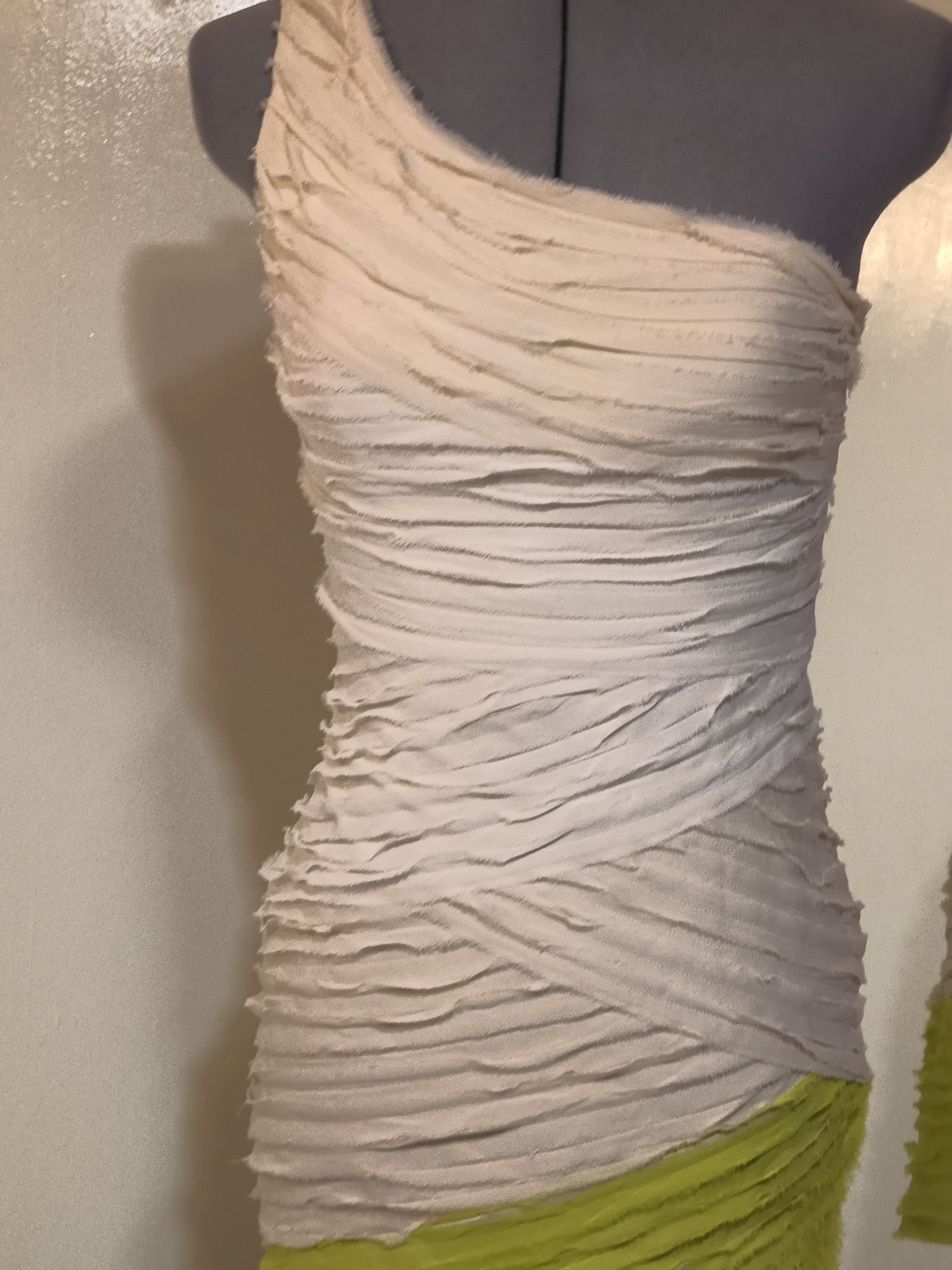 Bebe One-Shoulder Ruffled Mini Dress in Cream and Lime - Picture 3 of 16